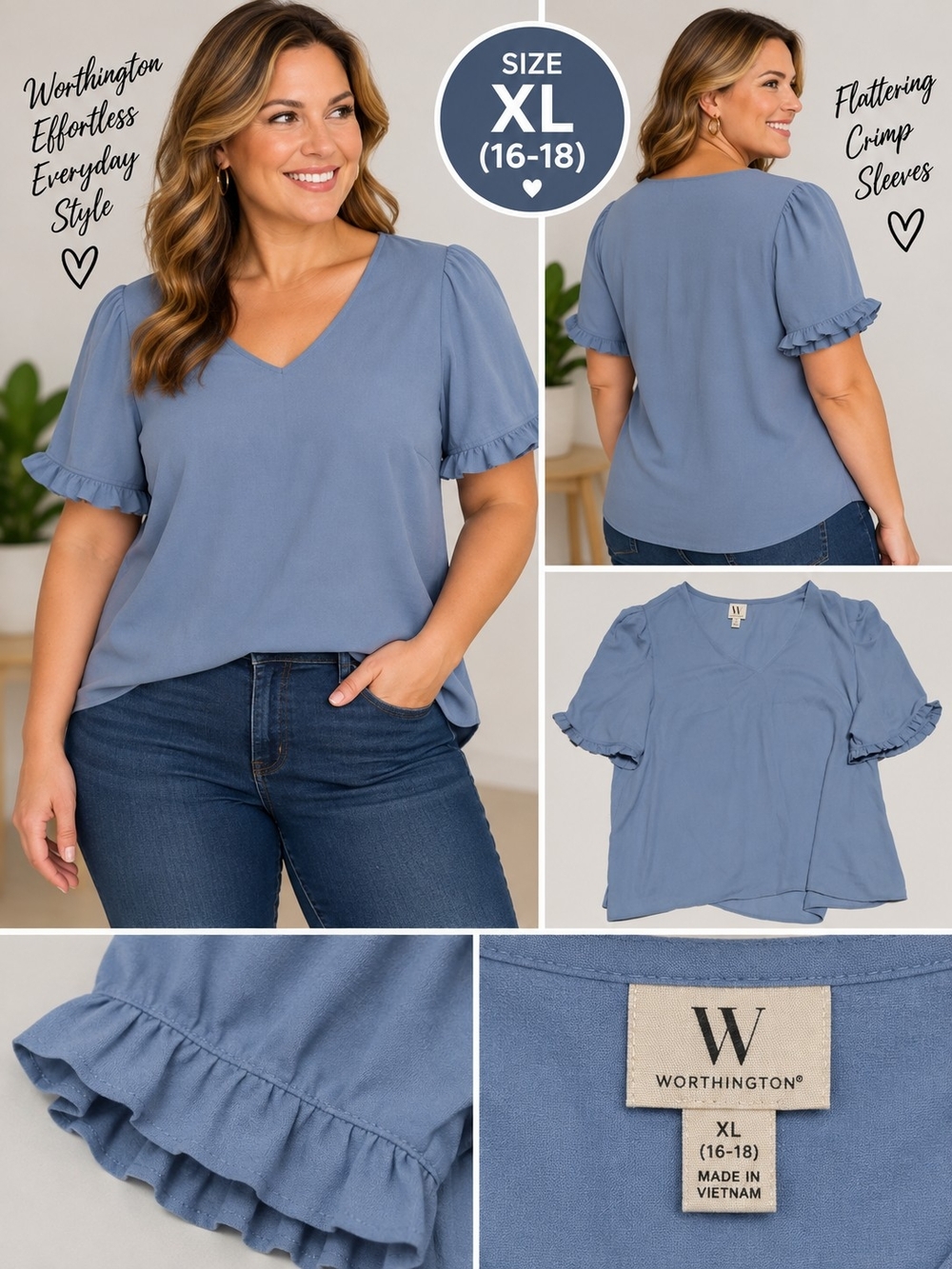 Worthington Women's XL blue crimp sleeve blouse #31